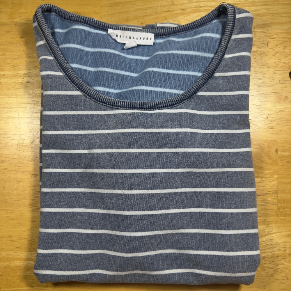 JANE & DELANCEY‎ Striped Soft Knit Top Puff Sleeve Crew Neck Casual Blue White M